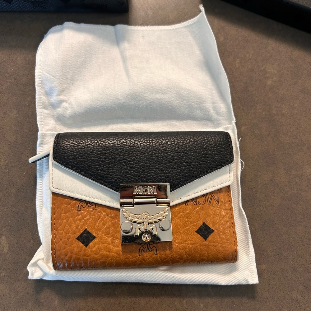 MCM Black and Tan Leather Wallet with Monogram